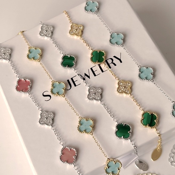 Petite Clover Bracelet Pink Mother of Pearl& Real Zircon Silver Tone Chain - Picture 7 of 11